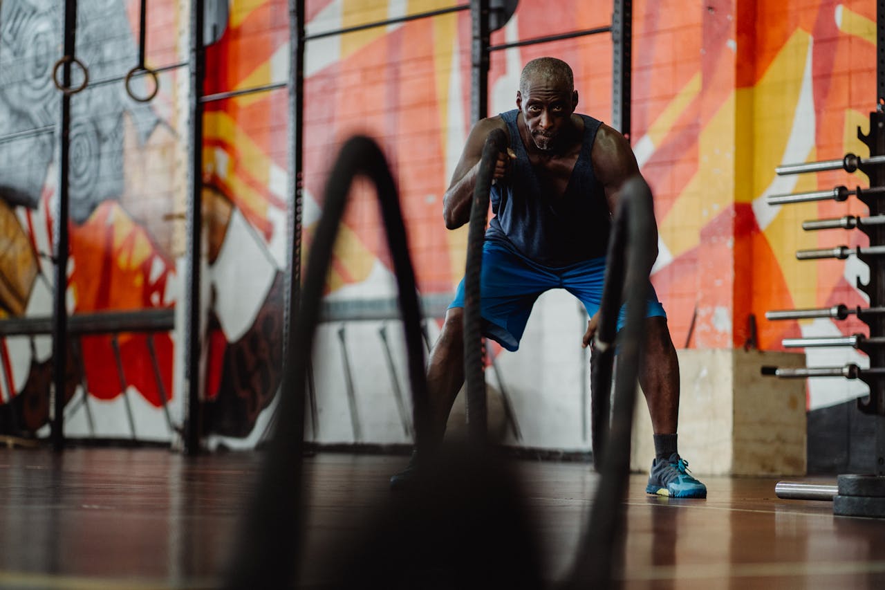 services-04 Fit adult man using battle ropes for strength training in a colorful gym setting.
